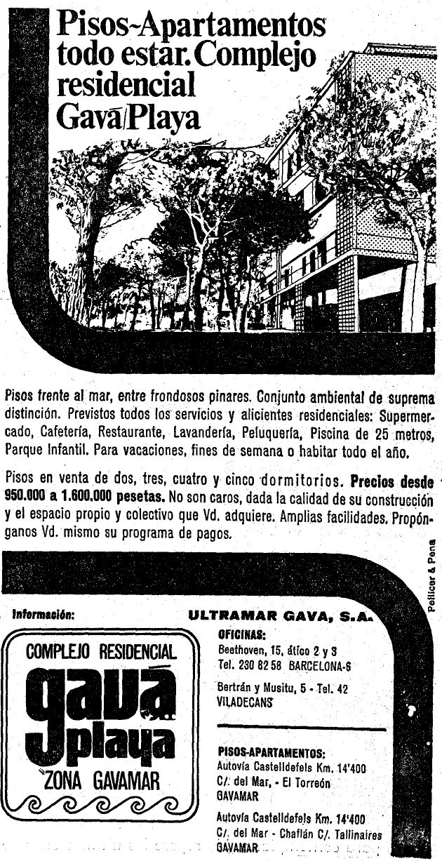 Anuncio de los actuales apartamentos TORREON de Gav Mar publicado en el diario LA VANGUARDIA (9 de Abril de 1968)
